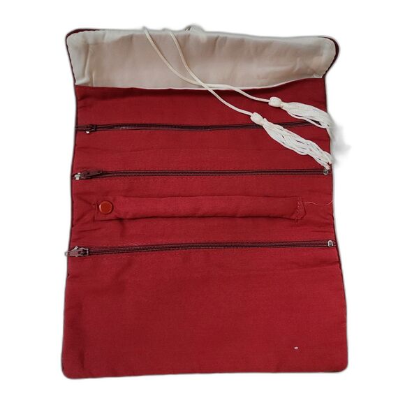 Vintage Oriental Silk Brocade Jewelry Travel Roll Case Zippered Pockets - Picture 2 of 3